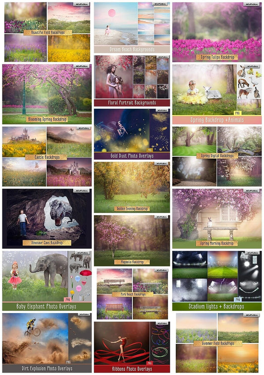 2000+ Photo Overlay Bundle: Beach Backgrounds, Dirt Explosion, Stadium Light, Animal Overlays, Ribbon, Floral + more!