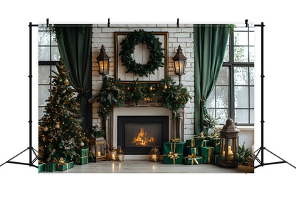 Christmas Trees Fireplace Window Backdrop