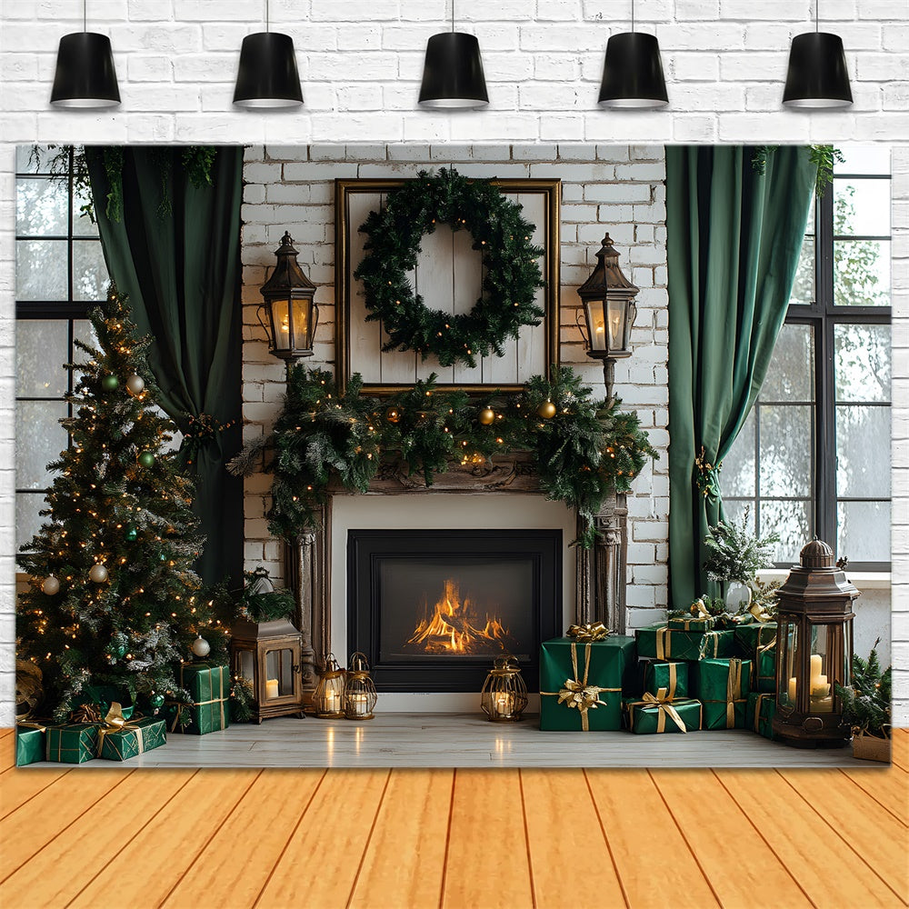 Christmas Trees Fireplace Window Backdrop