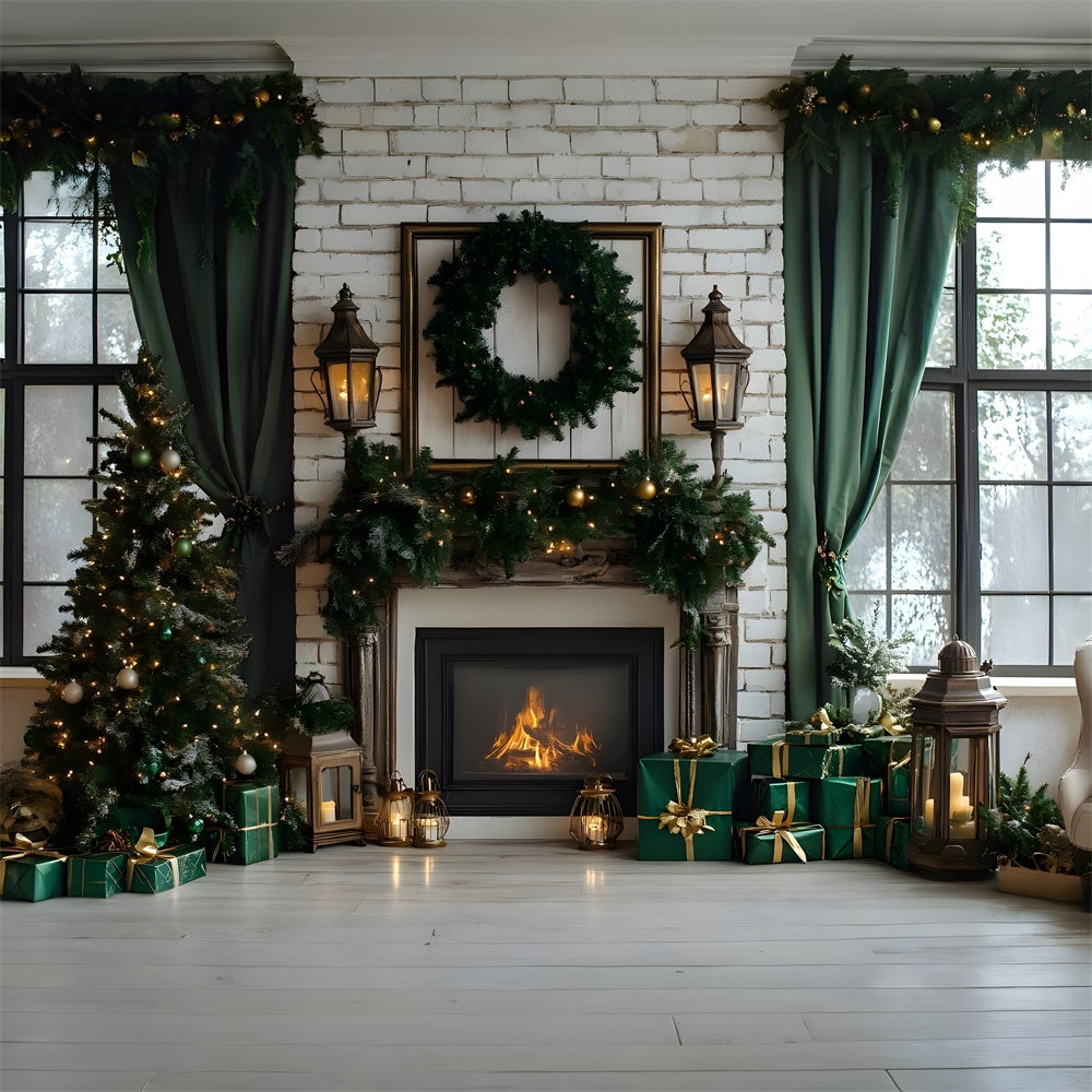Christmas Trees Fireplace Window Backdrop