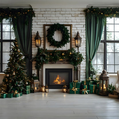 Christmas Trees Fireplace Window Backdrop