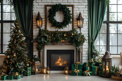 Christmas Trees Fireplace Window Backdrop